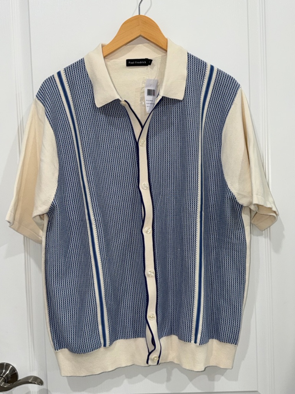 Paul Fredrick Cream and Blue Short Sleeve Knit Polo Cardigan